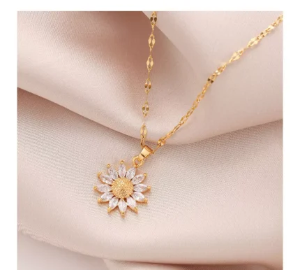 Women's Fashion Jewelry Gold Cubic Zircon Sunflower Pendant Necklace